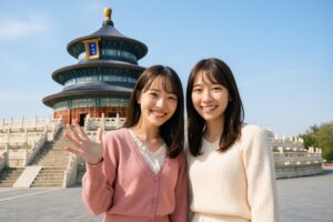 天壇祈年殿前で笑顔を見せる若い女性二人