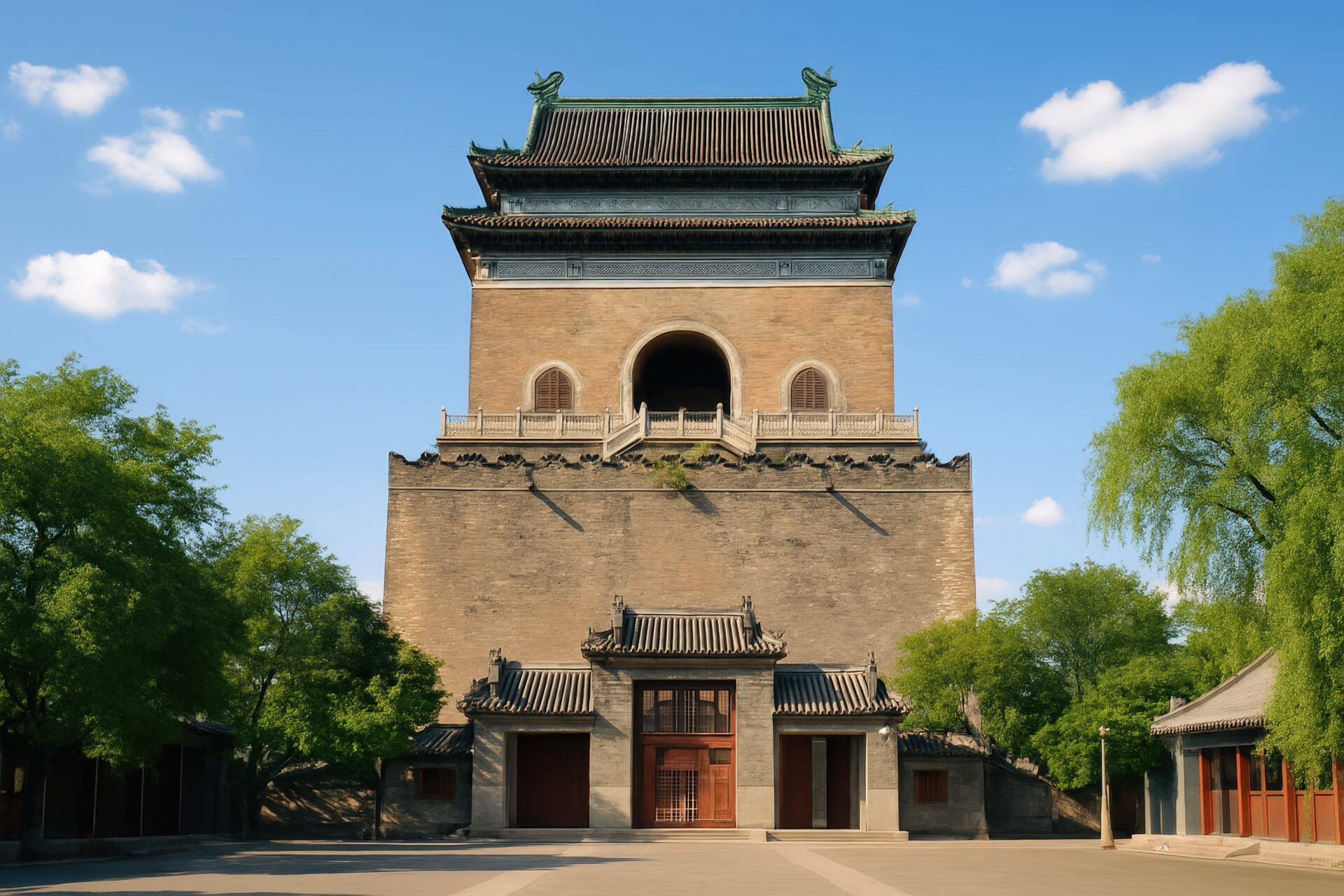 鐘楼を正面から見上げた北京の歴史的建築