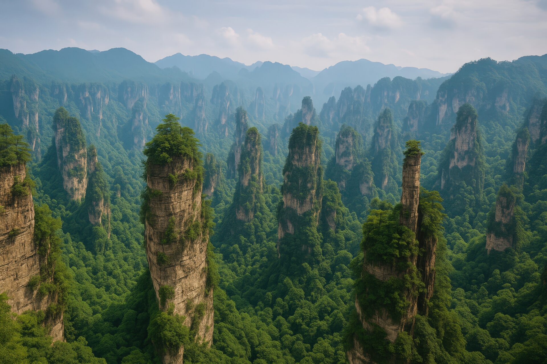 雲海に包まれる張家界の石柱群と森の風景