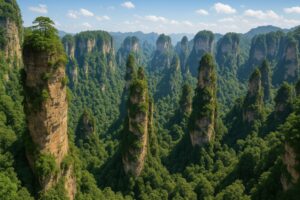 青空の下に広がる張家界の石柱群と森林