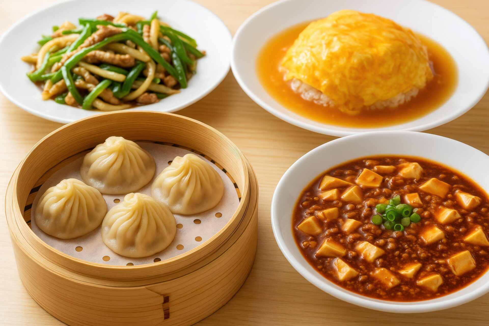 小籠包と麻婆豆腐などの中華料理盛り合わせ