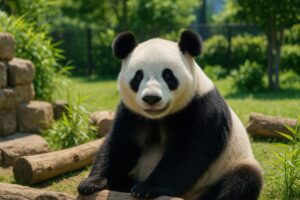 緑の中で丸太に座るジャイアントパンダ