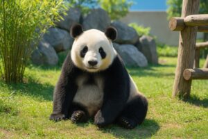 芝生の上に座る可愛いジャイアントパンダ