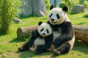 子パンダを抱いて微笑む親パンダ