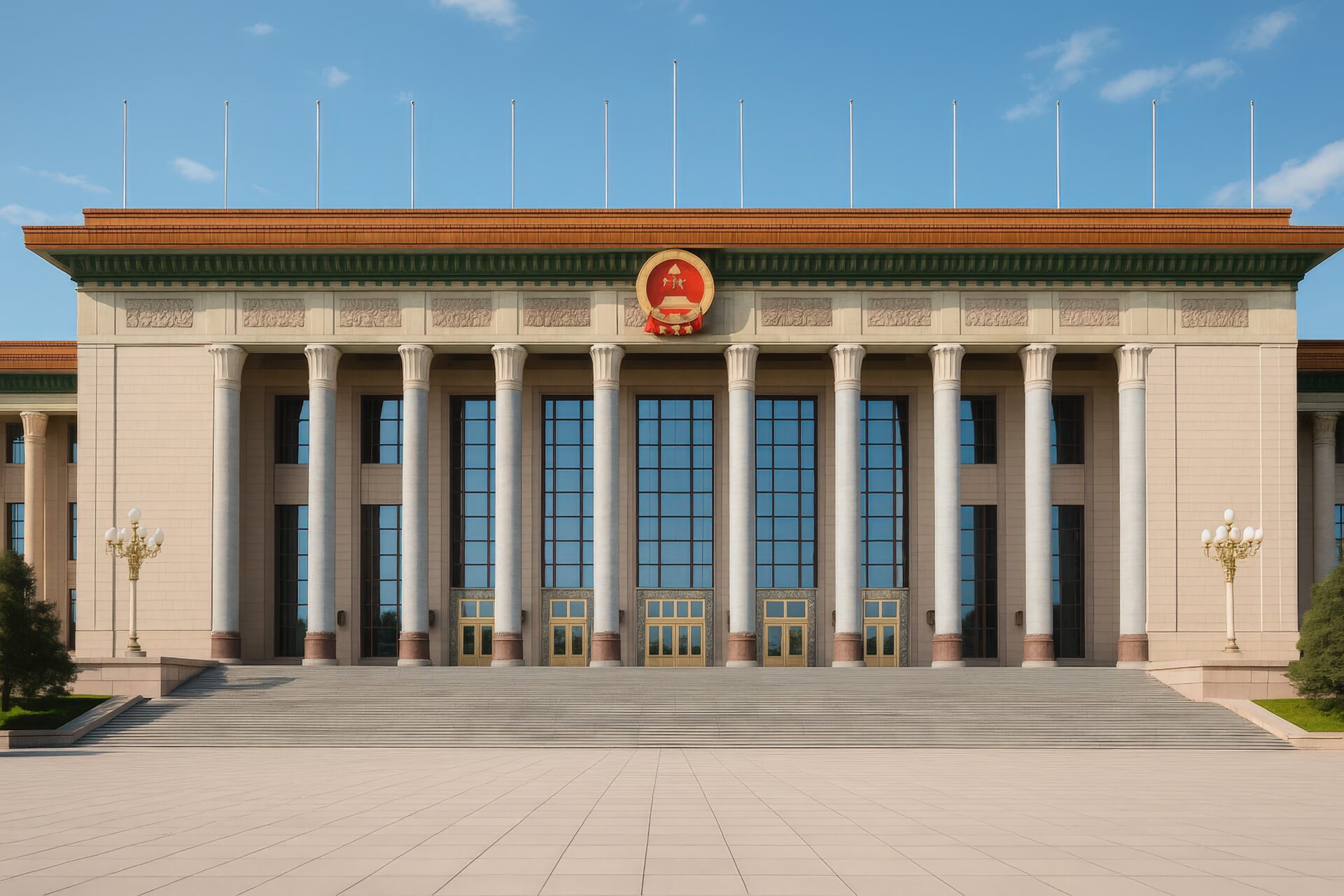 正面から見た人民大会堂の荘厳な建築
