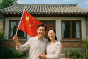 中国人夫婦が伝統家屋の前で国旗を掲げて笑顔