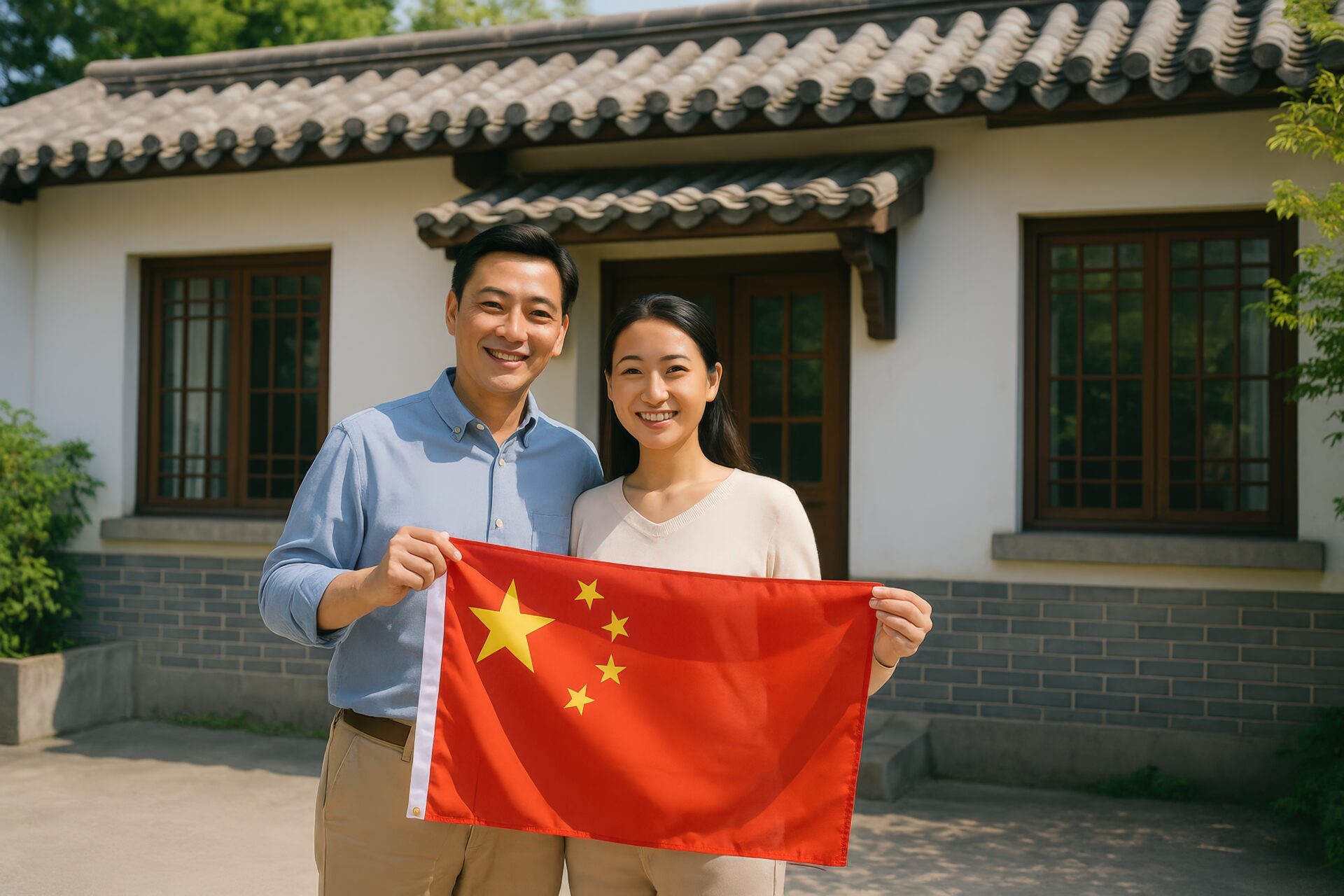 中国人カップルが自宅前で中国国旗を持って微笑む