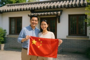 中国人カップルが自宅前で中国国旗を持って微笑む