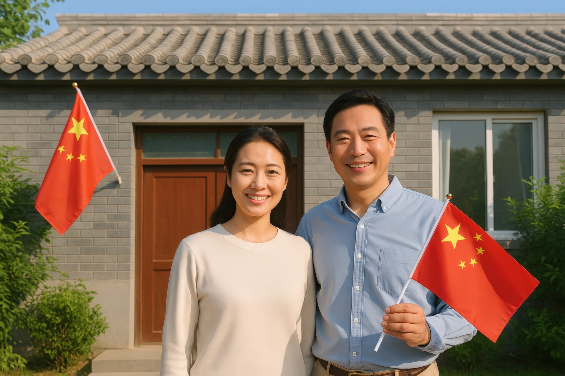 中国人夫婦が旗を手にして自宅前で並ぶ笑顔の姿