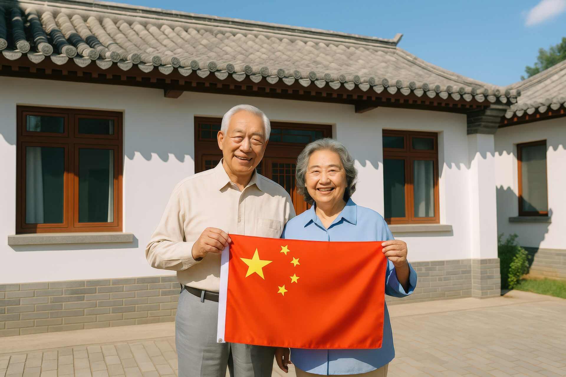 中国人の高齢夫婦が伝統家屋の前で国旗を掲げて笑顔