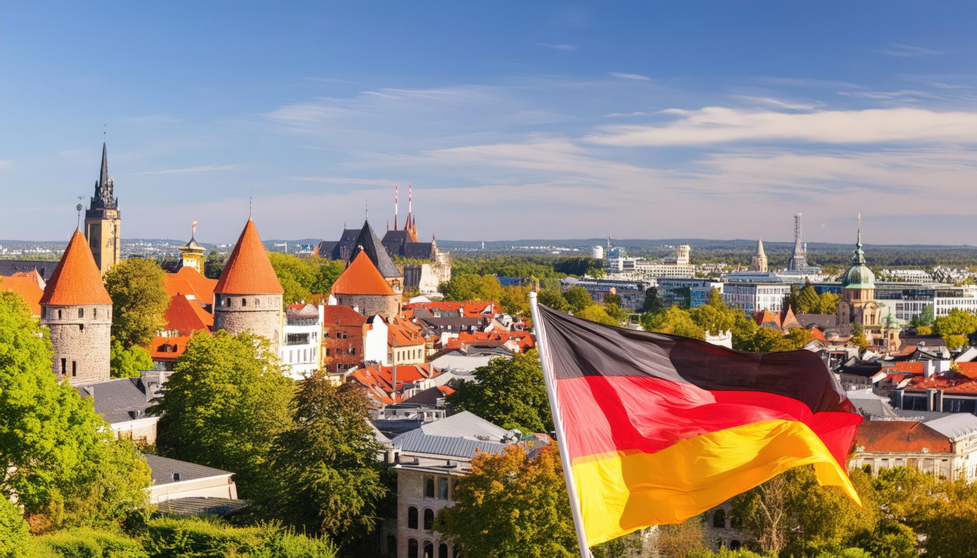 ドイツ国旗と中世の街並み