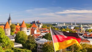 ドイツ国旗と中世の街並み