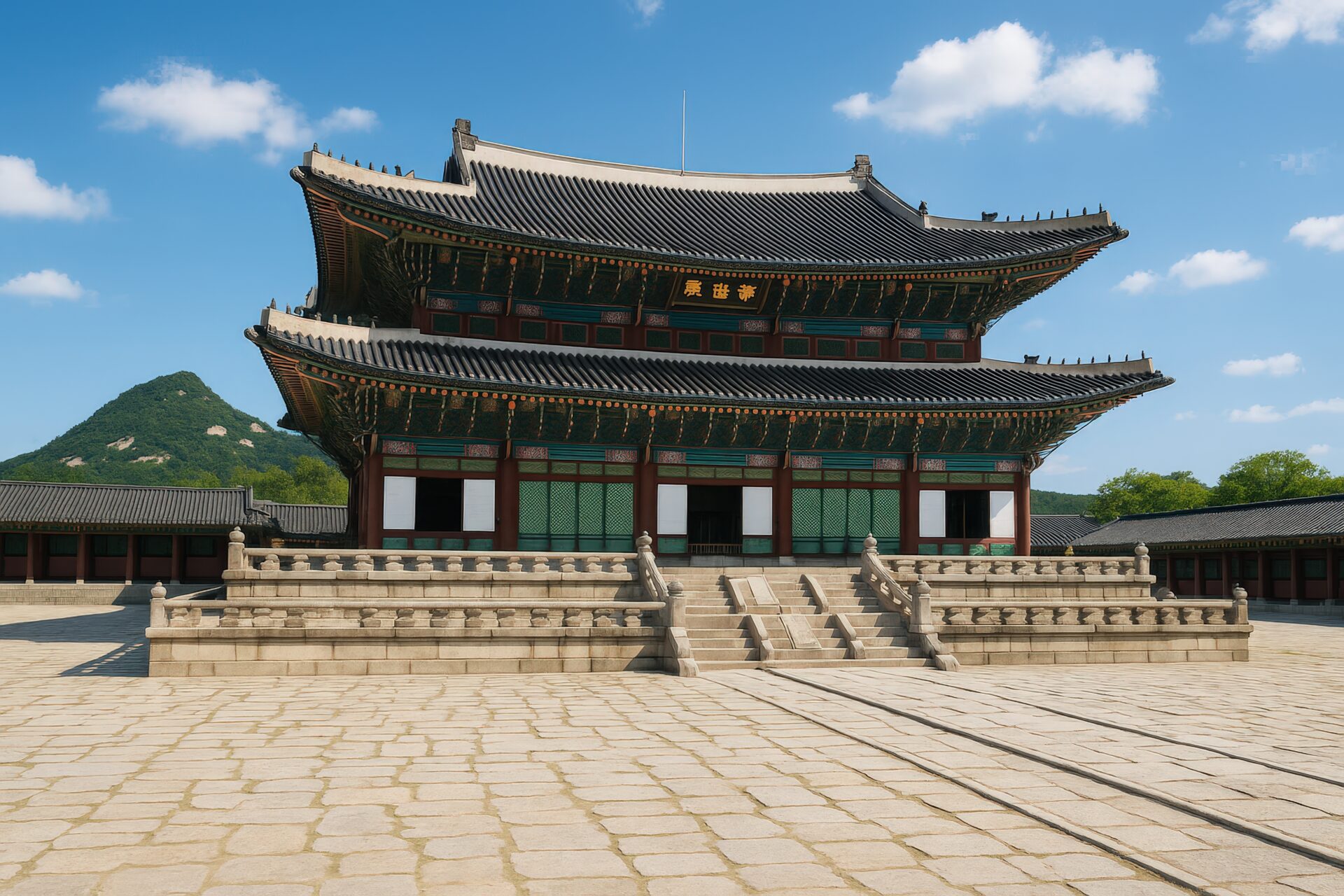 青空の下に建つ景福宮の正殿と石畳の広場