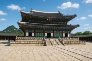 青空の下に建つ景福宮の正殿と石畳の広場