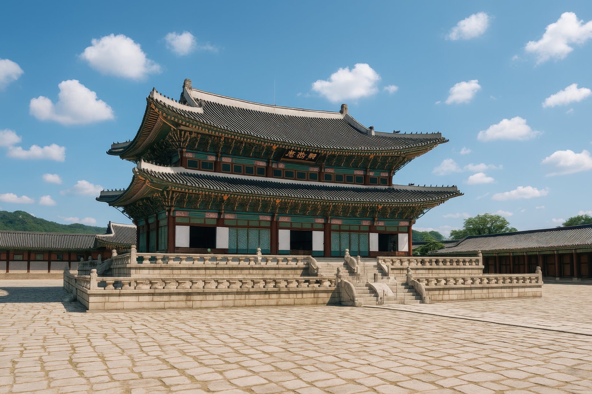 斜めから見た景福宮の壮麗な建築と青空