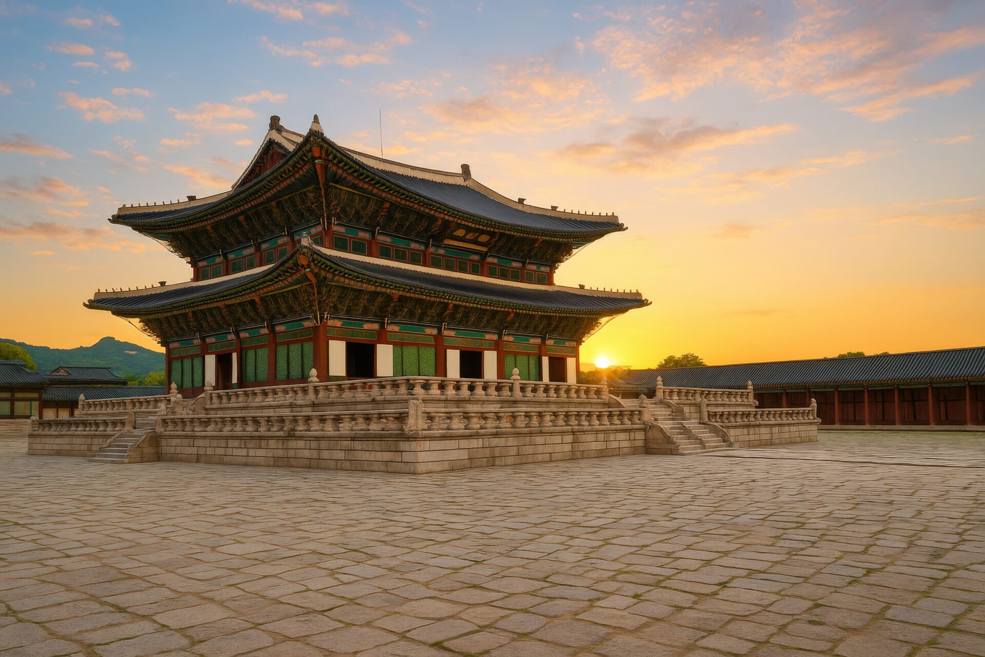 夕暮れに照らされる景福宮の正殿と広がる空