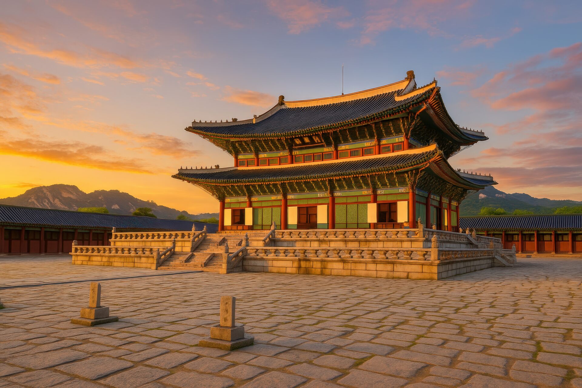 夕日に染まる景福宮の歴史的建築と山並み