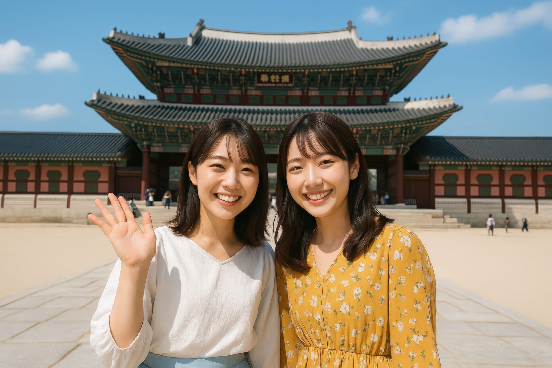 景福宮を背景に微笑む若い日本人女性二人