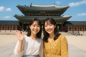 景福宮を背景に微笑む若い日本人女性二人