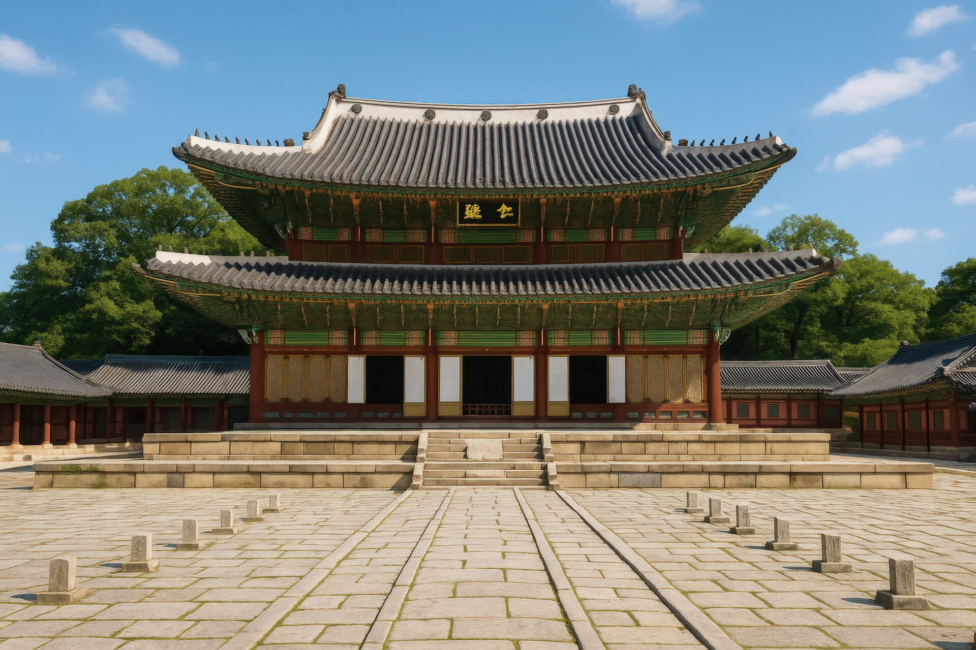 青空の下に建つ昌徳宮の正殿と石畳の広場
