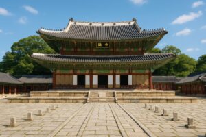 青空の下に建つ昌徳宮の正殿と石畳の広場