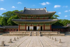 正面から見た昌徳宮の歴史的建築と参道