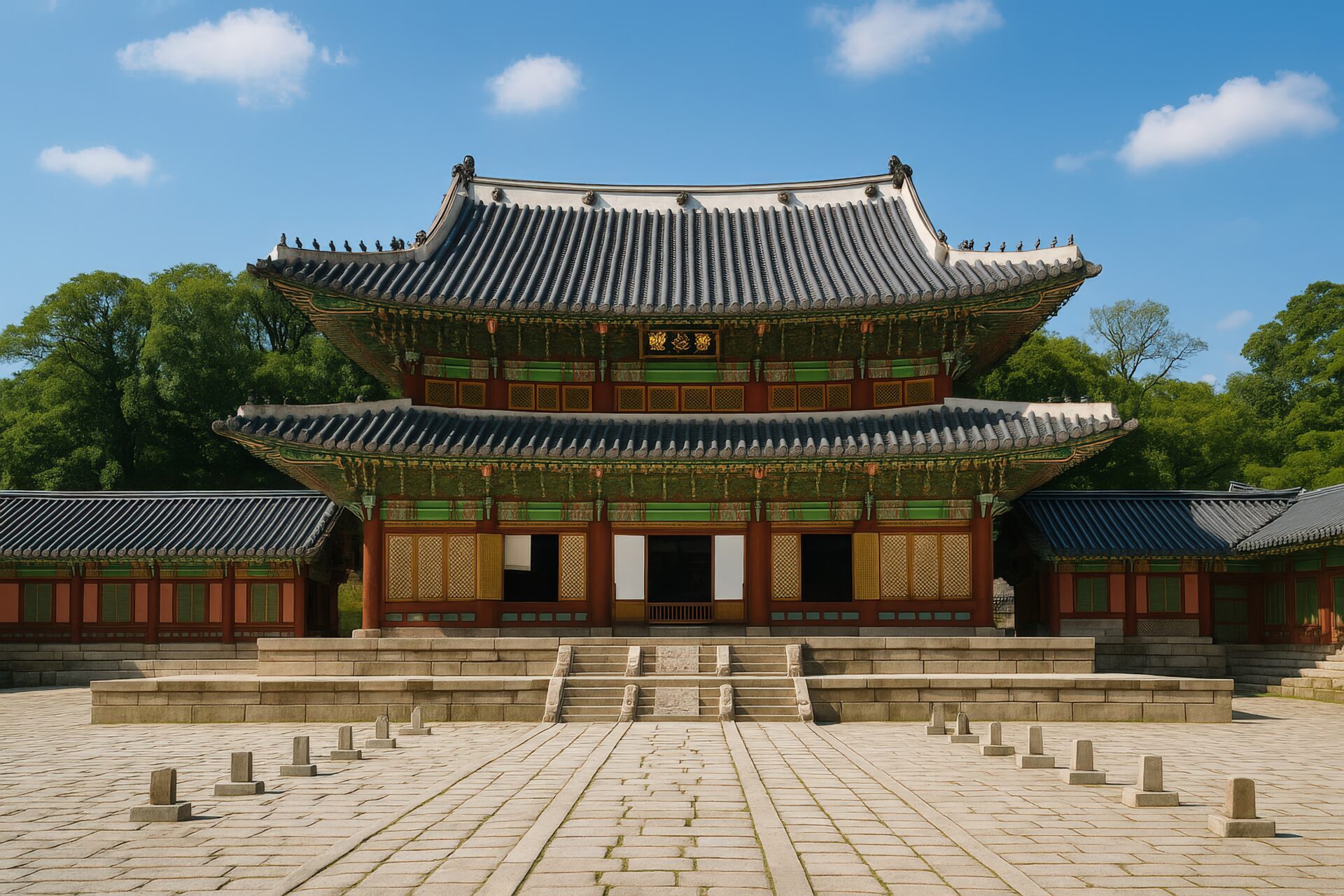 緑に囲まれた昌徳宮の伝統建築と広場