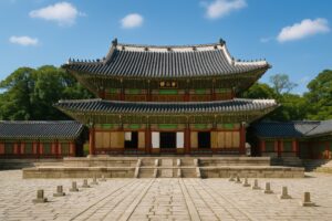 緑に囲まれた昌徳宮の伝統建築と広場