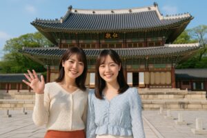 昌徳宮を背景に笑顔で並ぶ若い日本人女性二人