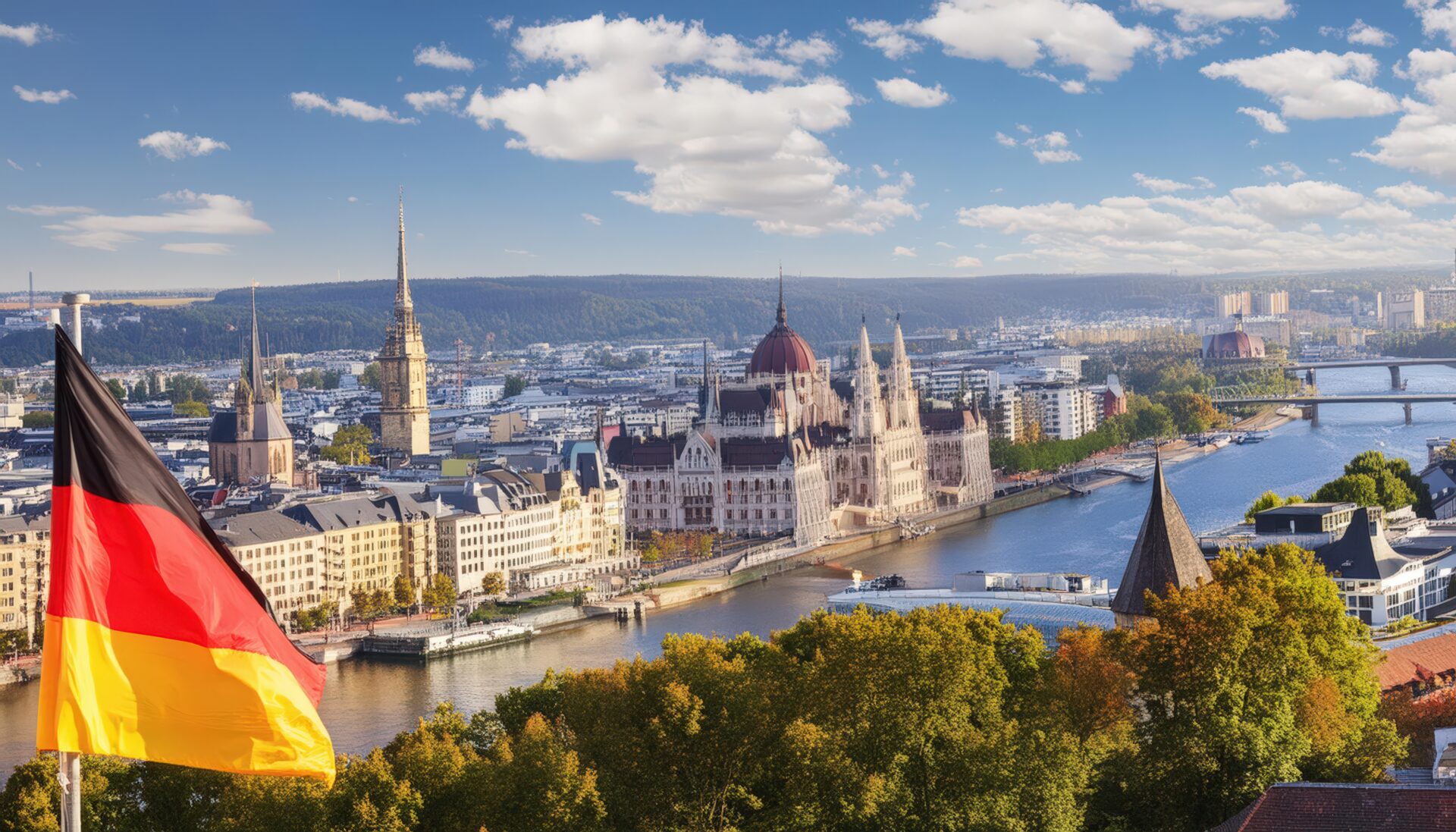 ドイツ国旗と川沿いの歴史的街並み