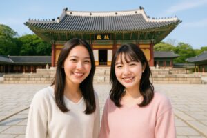 伝統建築を背に微笑む若い日本人女性二人