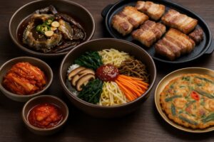 ビビンバやサムギョプサルなどの韓国料理盛り合わせ