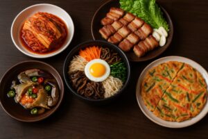 キムチやチヂミが並ぶ彩り豊かな韓国料理セット