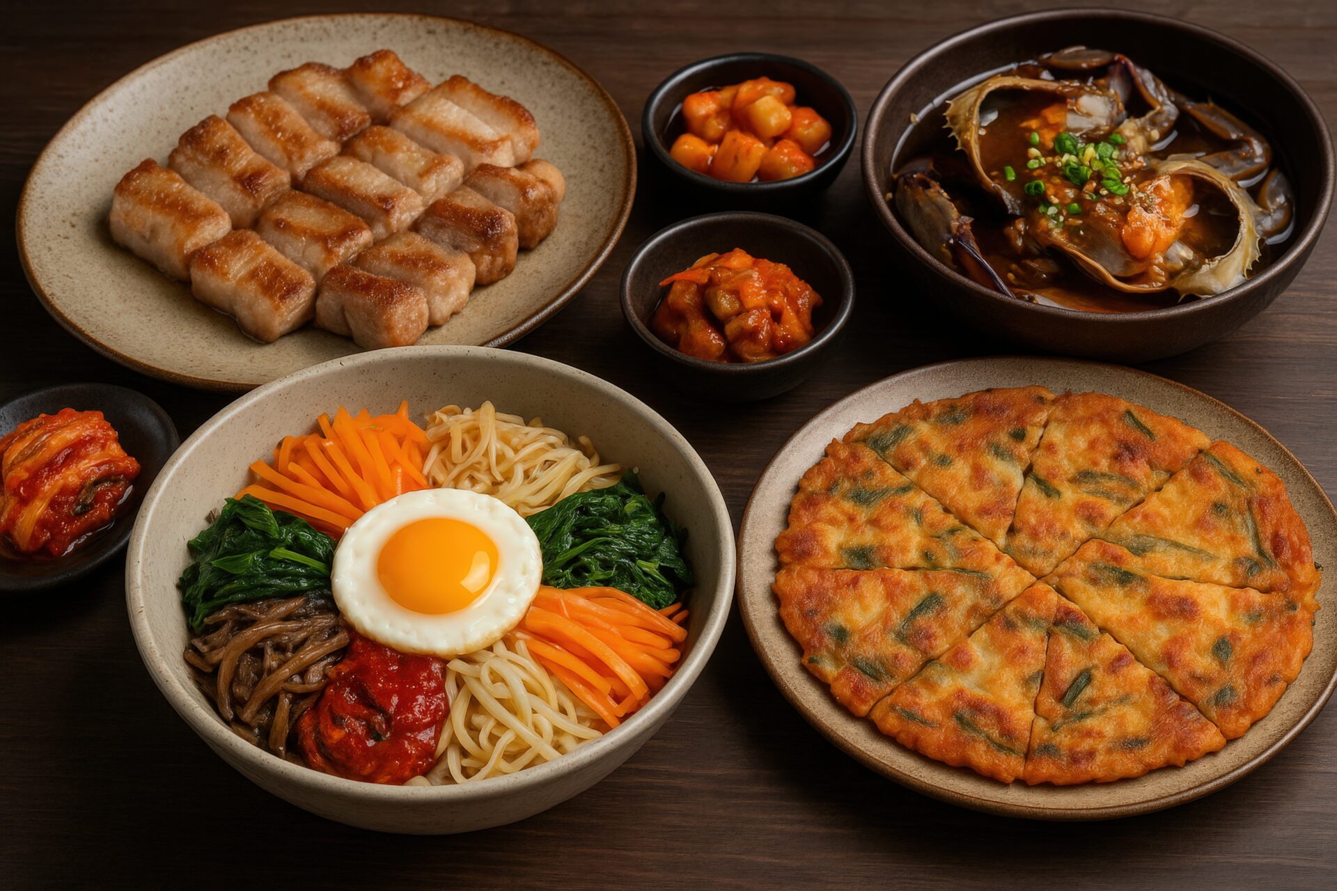 焼肉とビビンバを中心にした韓国定食の上品な盛り付け