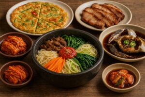 伝統的な韓国料理を俯瞰で並べたテーブルコーディネート