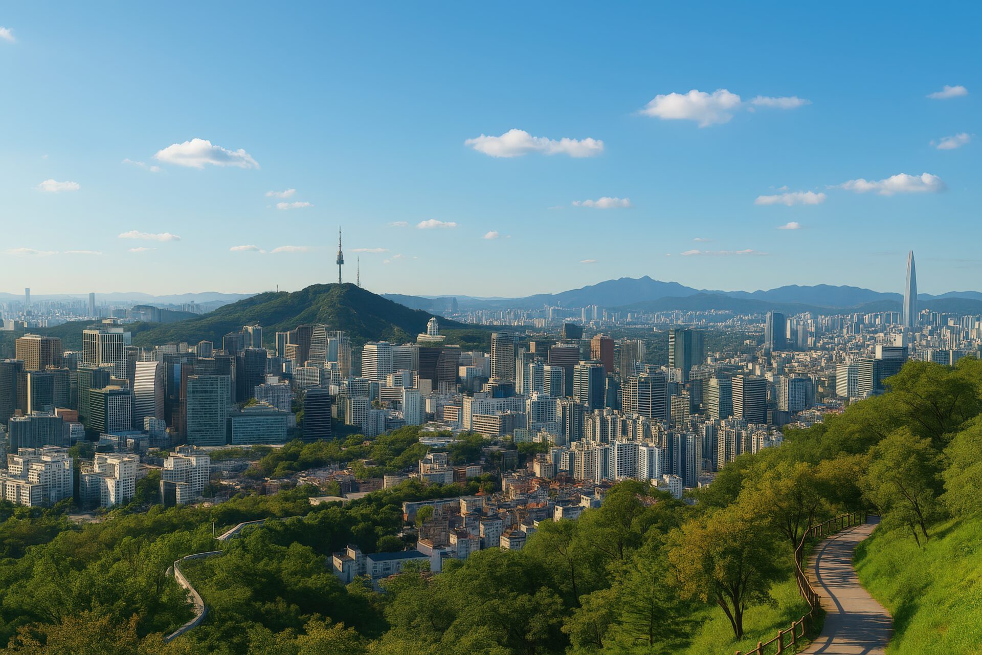 南山タワーとソウル市街地を見渡す昼の風景