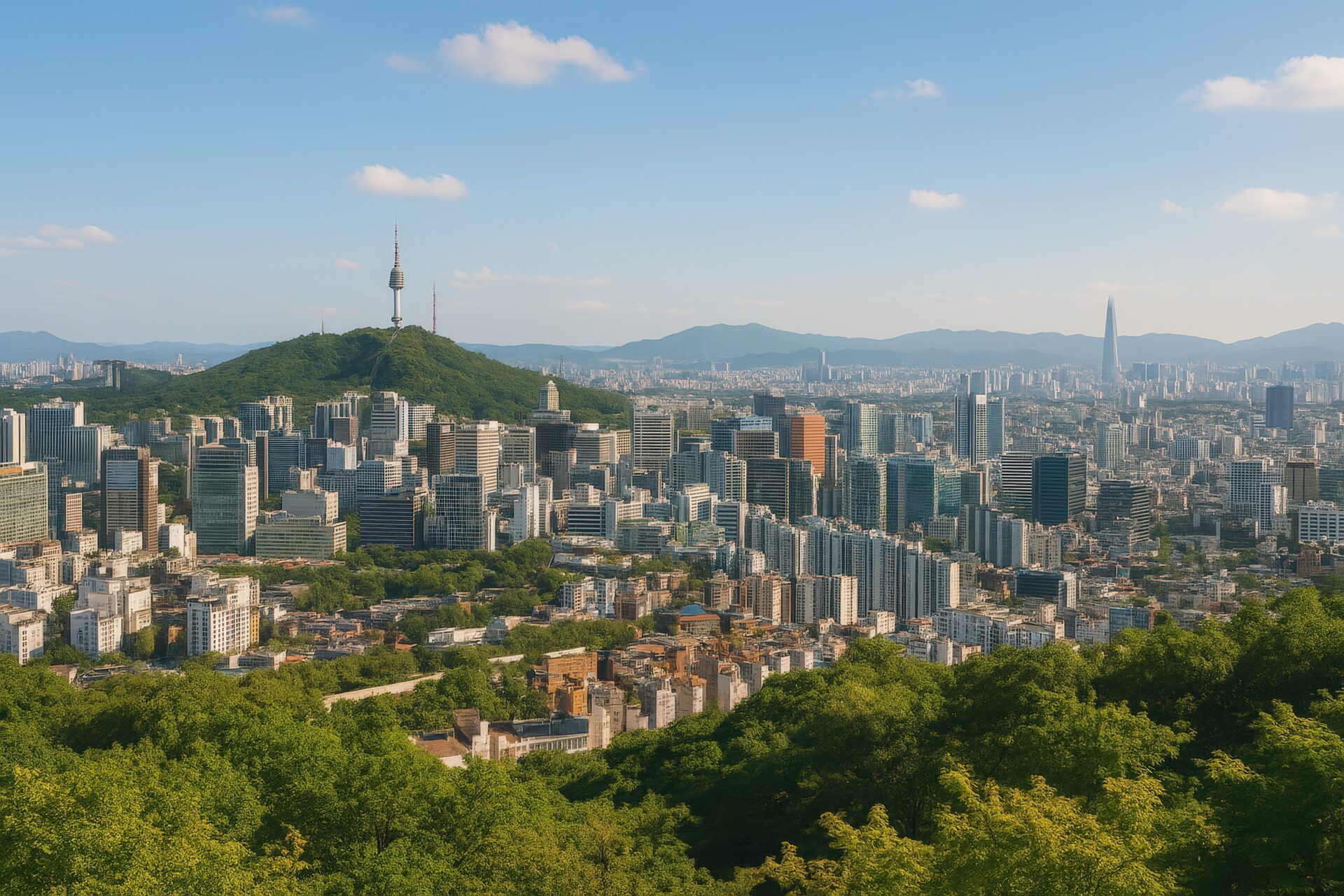 南山タワーと高層ビル群が広がるソウルの都市風景