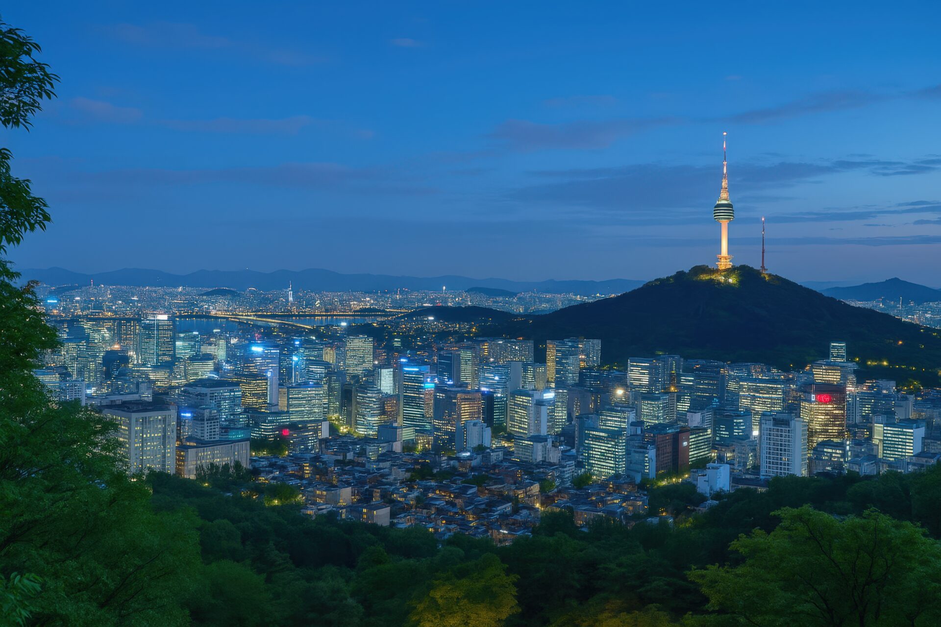 夜景に浮かぶ南山タワーとソウル中心部のきらめく街並み