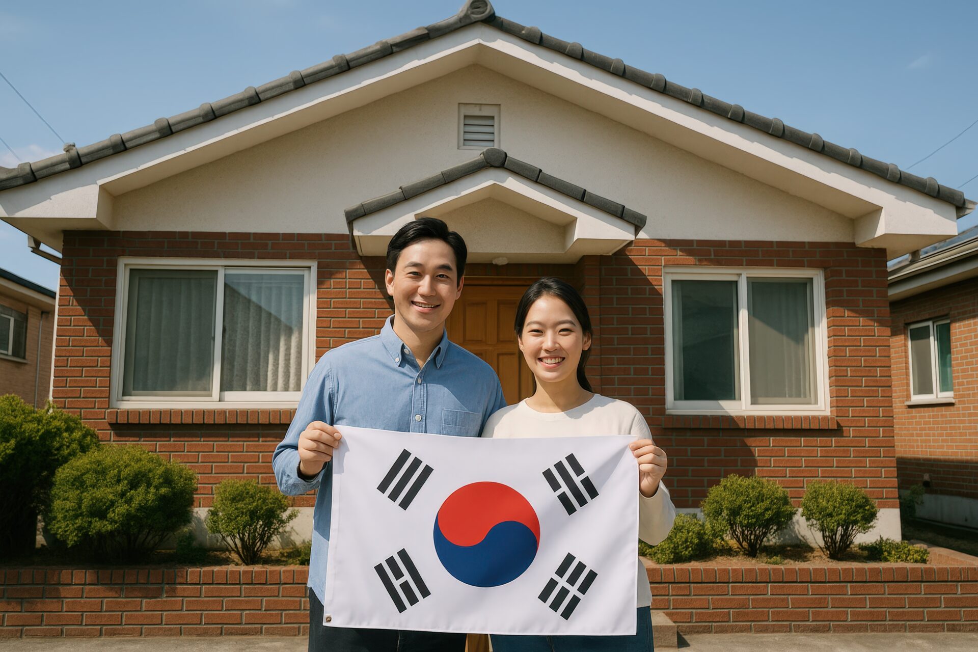 韓国人夫婦が自宅前で韓国国旗を持って笑顔