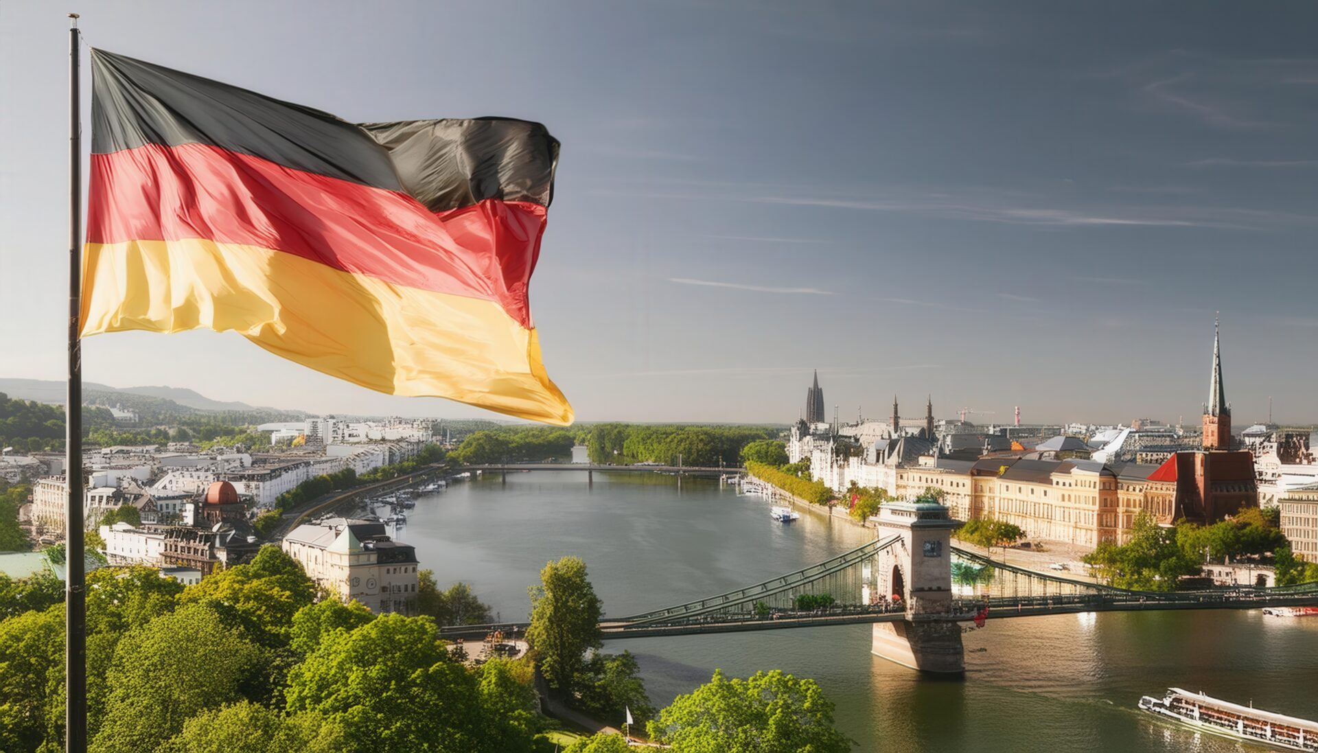 ドイツ国旗と橋のある都市風景