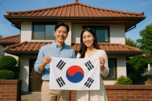 韓国人カップルがレンガ造りの家の前で国旗を掲げる