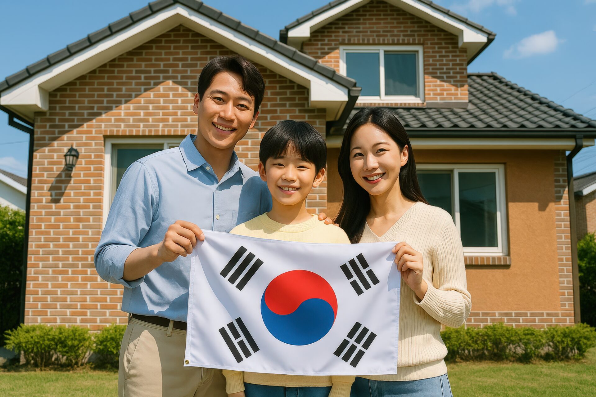 韓国人家族が庭付きの家の前で韓国国旗を持って記念撮影