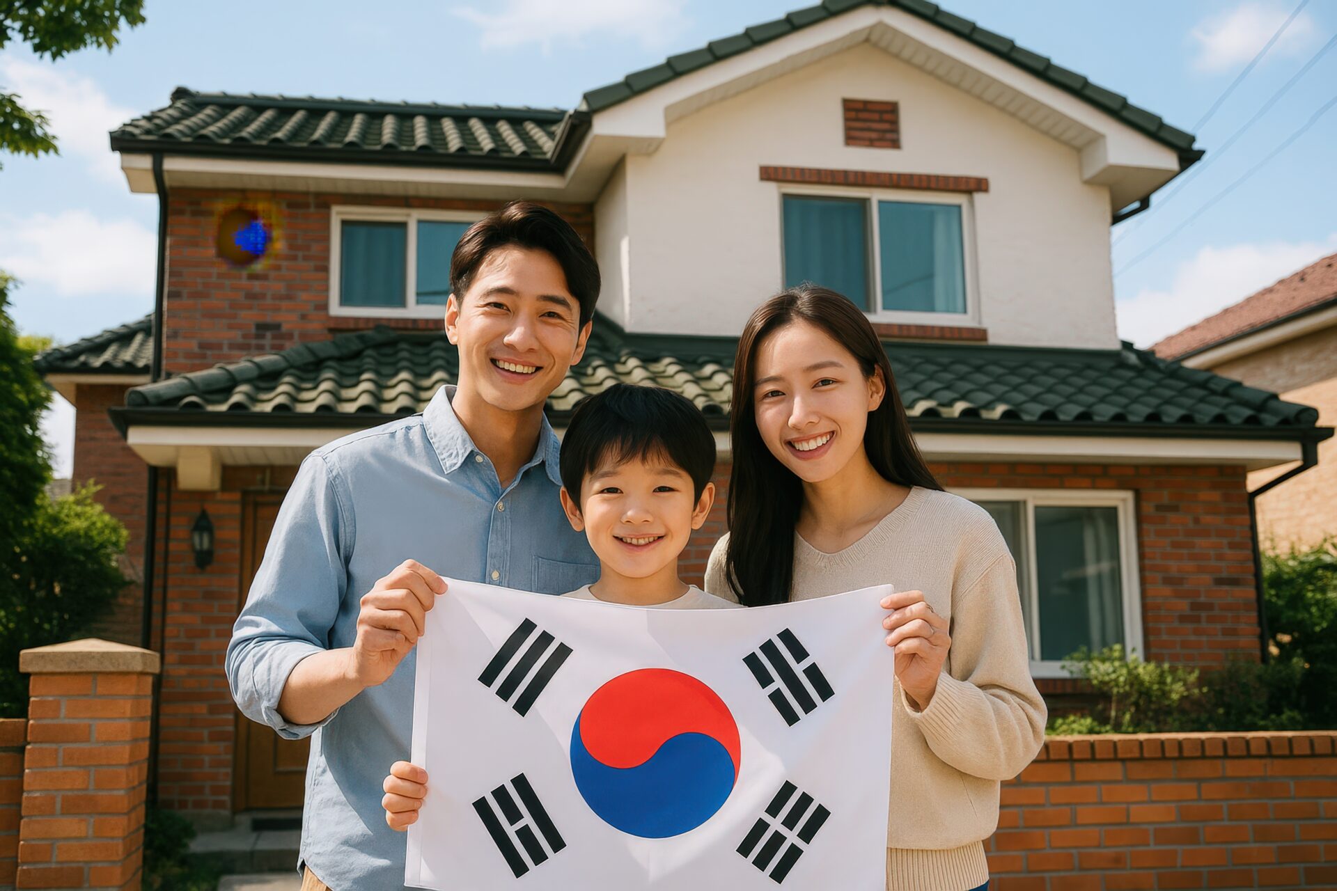 韓国人夫婦と子供が自宅前で韓国国旗を持って微笑む