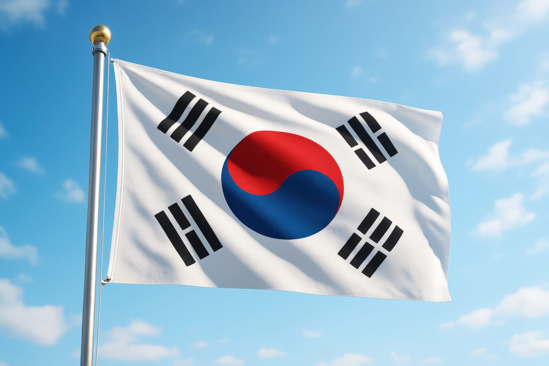 青空にたなびく韓国国旗のポール付き屋外風景