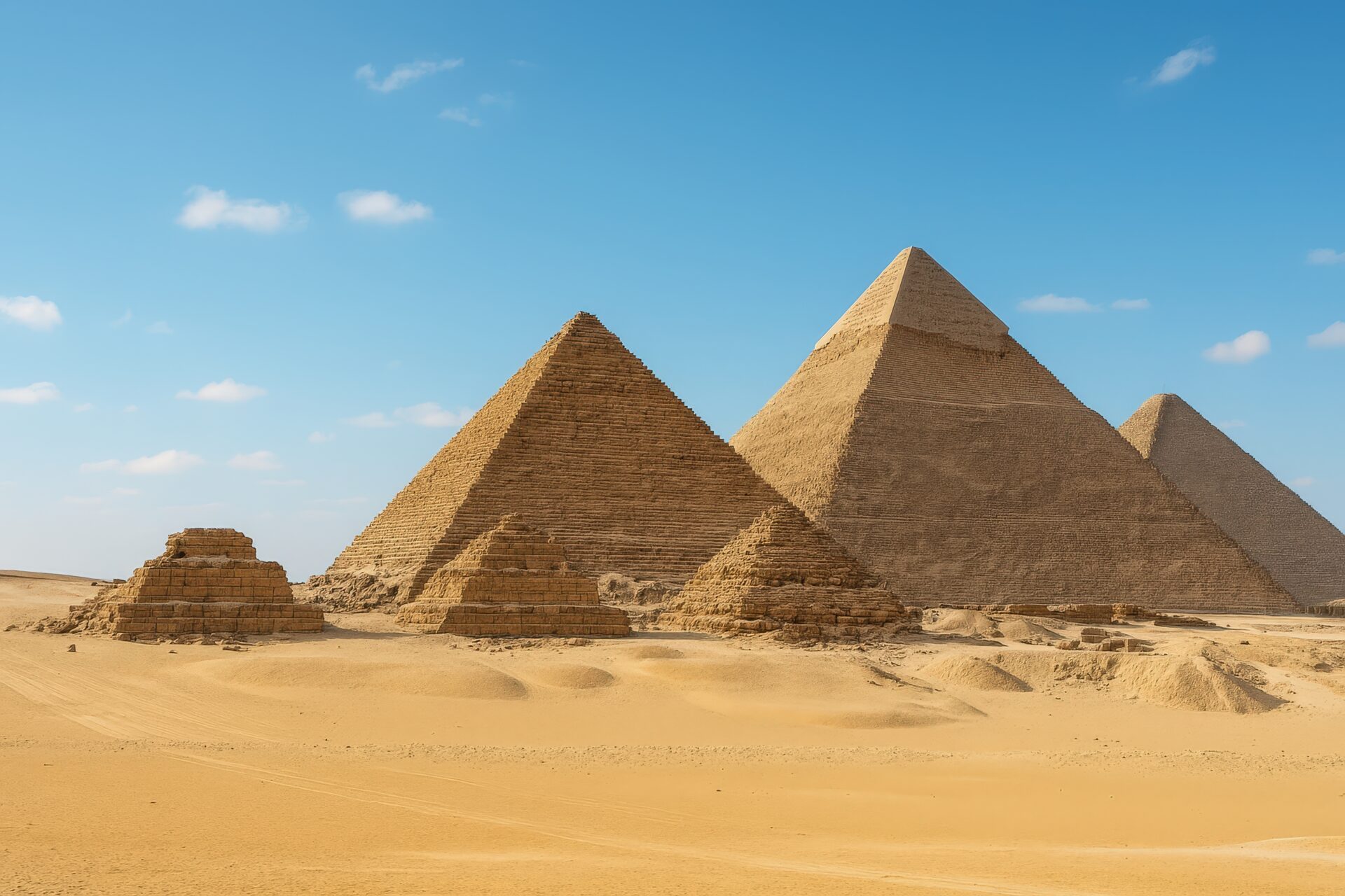 青空の下にそびえるギザの三大ピラミッド