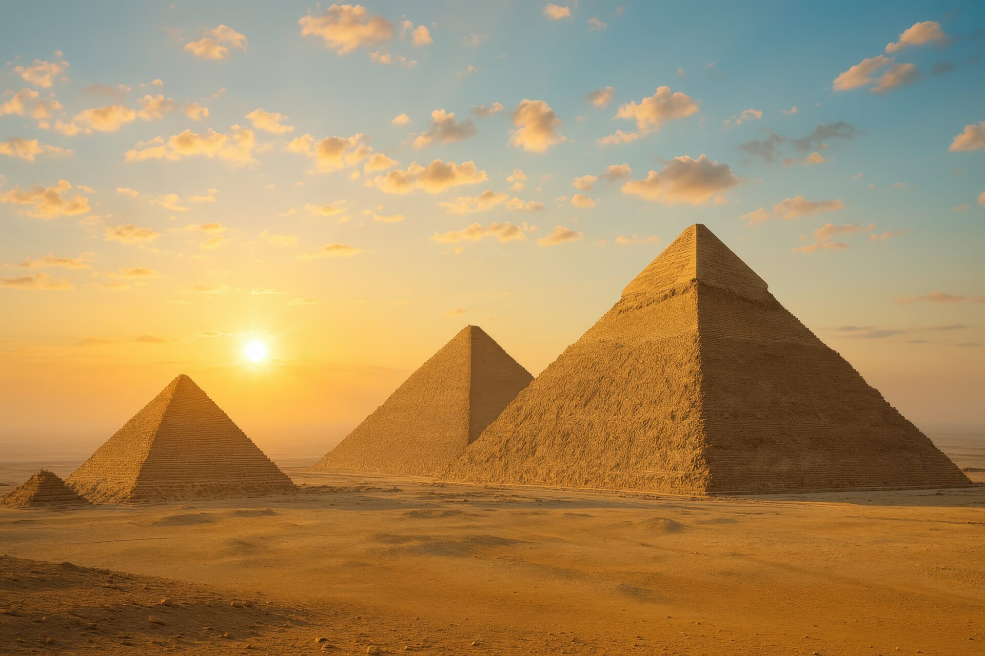 夕日を背にしたギザのピラミッドと黄金色の砂漠