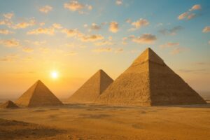 夕日を背にしたギザのピラミッドと黄金色の砂漠