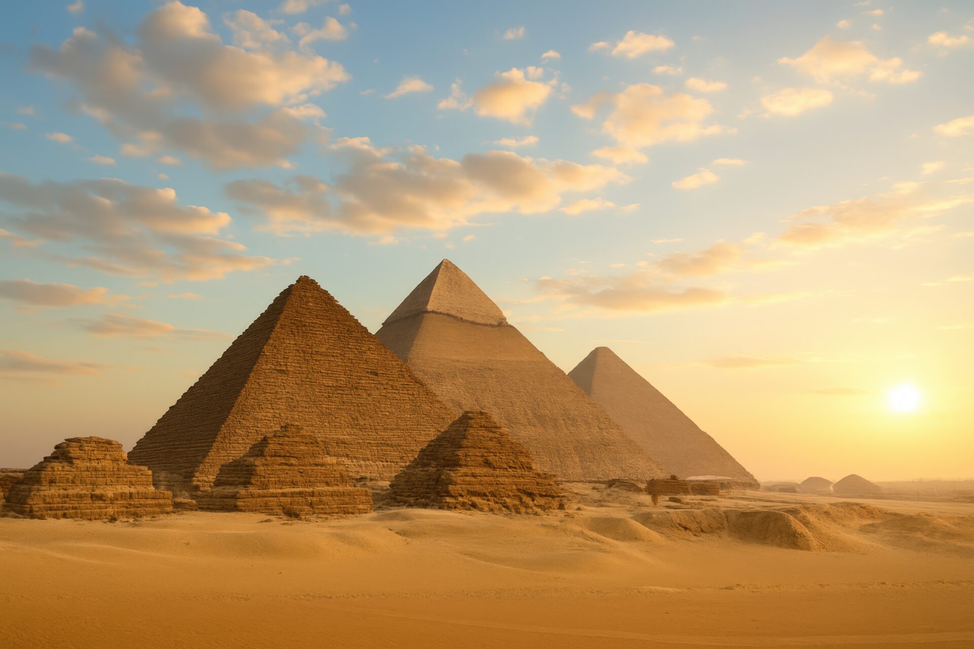 夕暮れの空に浮かぶギザのピラミッドと広大な砂漠