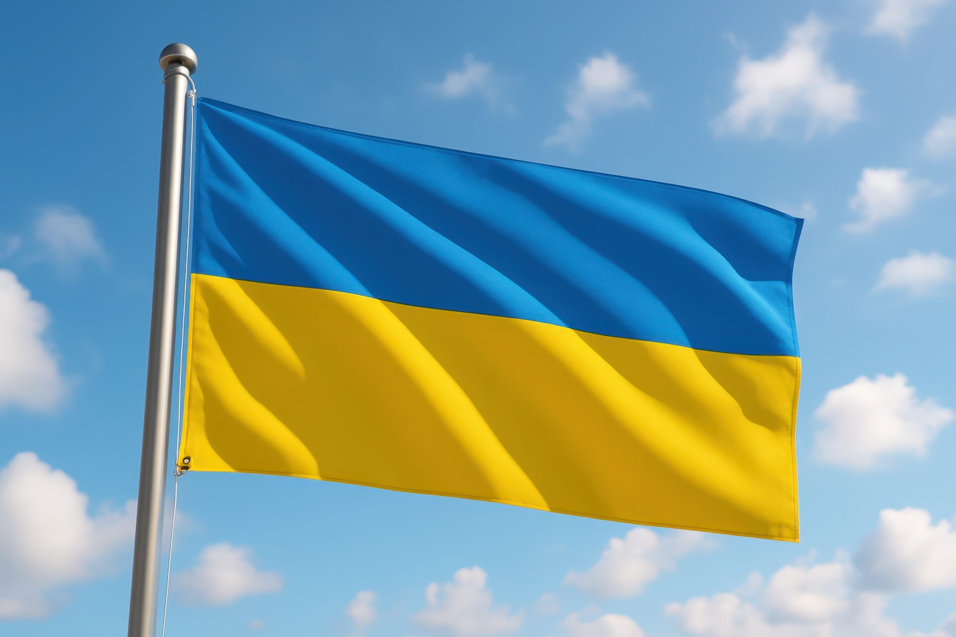 晴天の空にたなびくウクライナ国旗