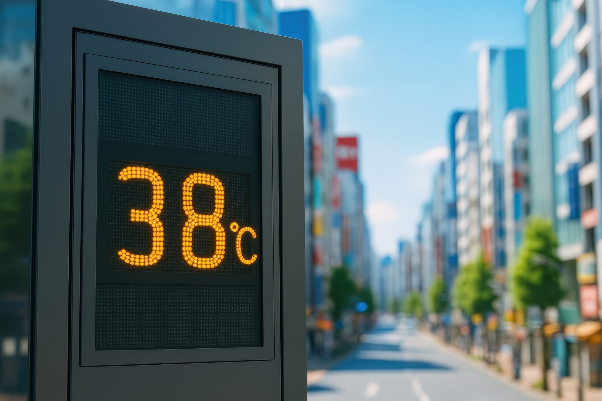 炎天下の都市に設置された38℃を表示する温度計